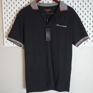 Pavini Mens Polo Shirt Black Short Sleeve Geometric Trim Casual Top Large‎